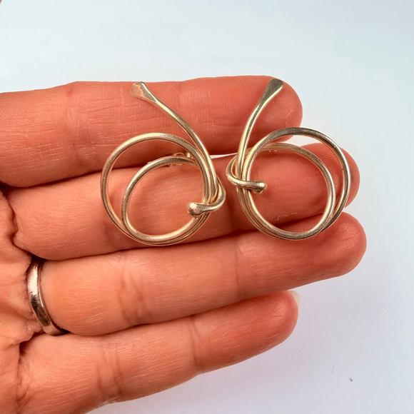 14K Gold Modernist Vortex Round Coil Sterling Silver 925 Jensen Vintage Earrings - Picture 4 of 9